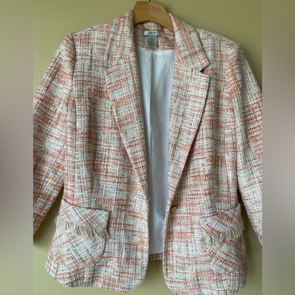 CACHE Women's Tweed Blazer Jacket Size 10” casual 3/4 sleeve Pink/orange/white - Picture 11 of 14